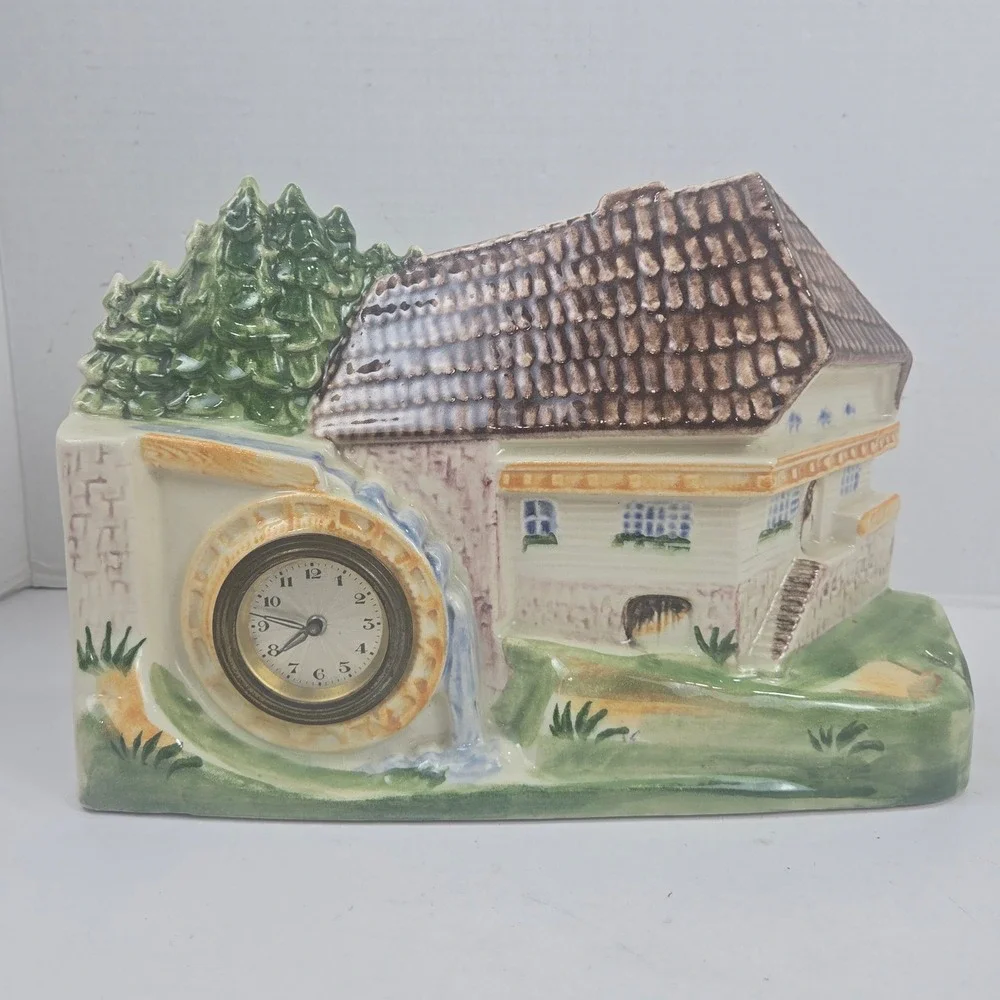 Vtg 1950s German Watermill Mantel Clock Ceramic Alpine Scene 12x8x3 READ
